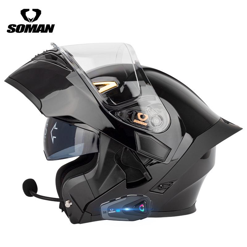 SOMAN Bluetooth Motorcycle Helmet with Double Lens and Flip-Up Design for All Seasons