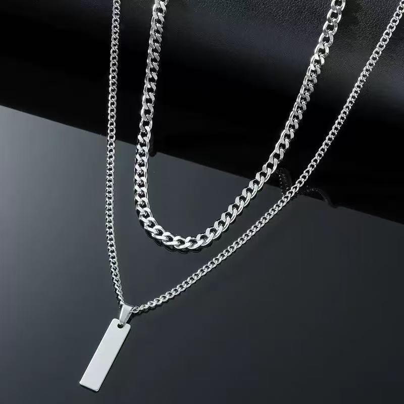 

2-Piece Men s Layered Necklace Set - Minimalist Rectangle Pendant & Collarbone Chain, Ideal Gift for Christmas/New Year