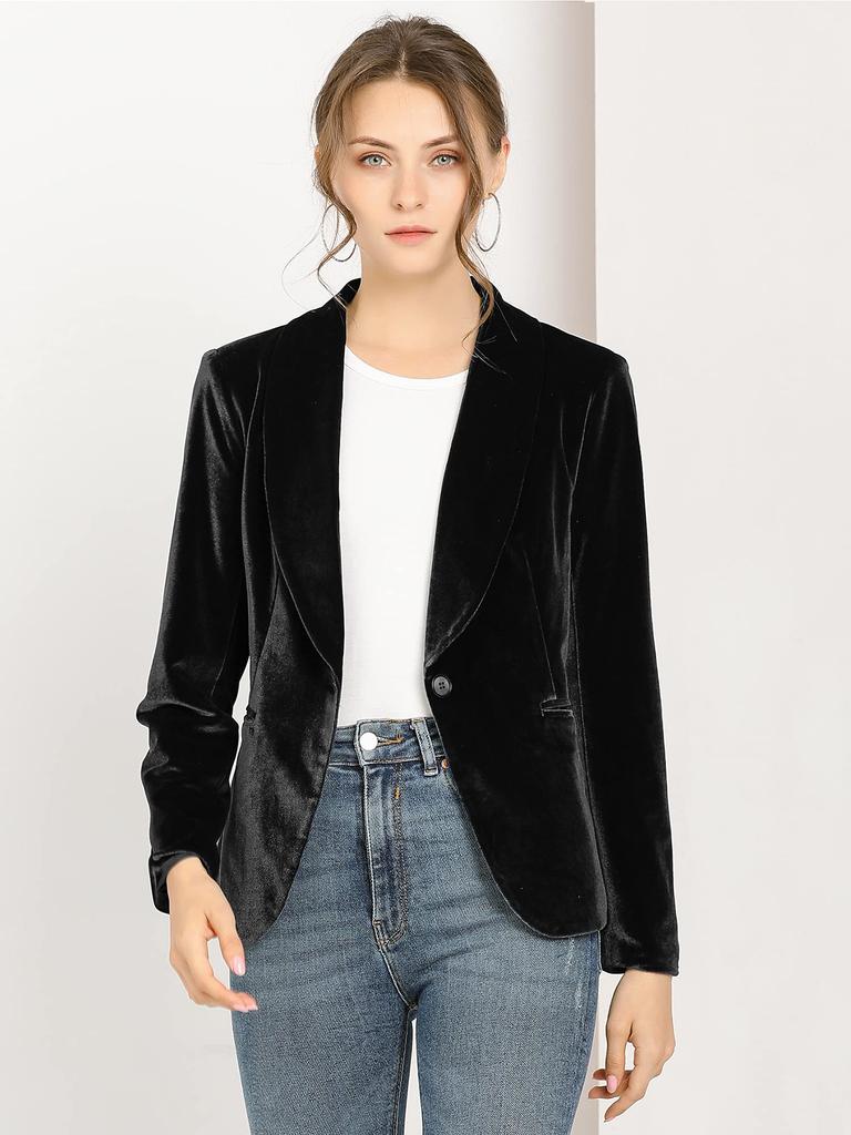 Allegra K Velvet Blazer Coat with Shawl Collar and Button Closure, Solid Color, for Office Wear, Women's, Black, Size XS
