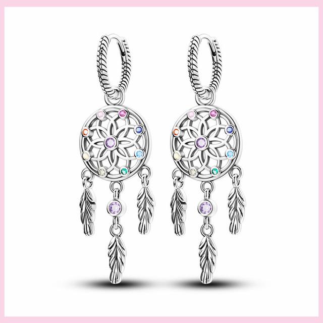925 Silver Colorful Feathers Drop Earrings Dream Catcher Bohemia Asymmetry Dangle Earrings Original Wedding Jewelry For Women