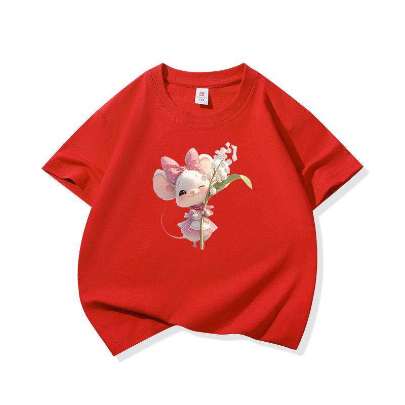Kids Cotton T Shirt Sweet Mouse With Lily Flower Print Crew Neck Short Sleeve Tee Casual Boys Girls Summer Tops