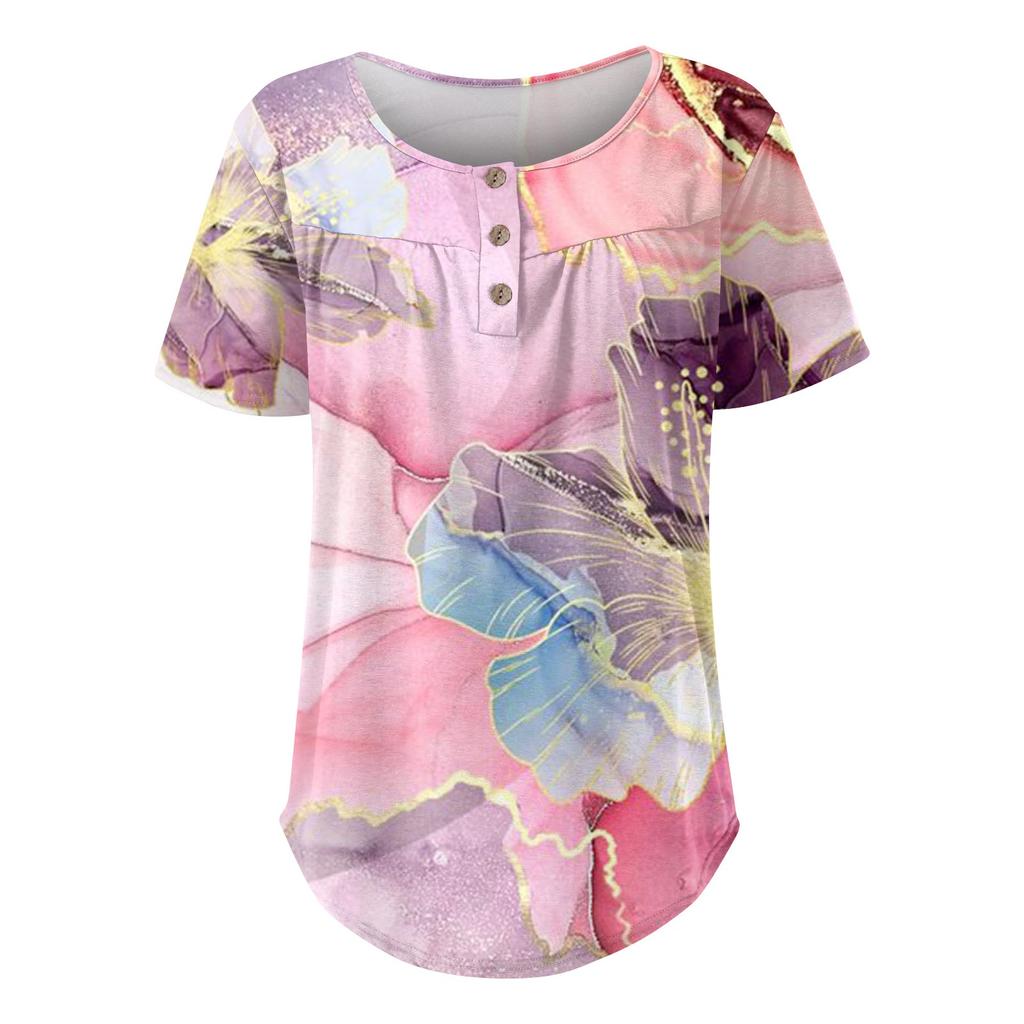 Damen Mode Blumendruck Plissee Kurzarm Casual T-Shirt Knopf Top