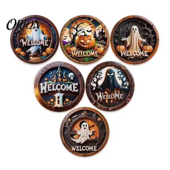 Halloween Wooden Coasters 6Pcs/Set Coasters, Retro Pumpkin Ghost Drink Heat Resistant Cup Holders Round Insulation Pads for Dining Table Holiday Decor