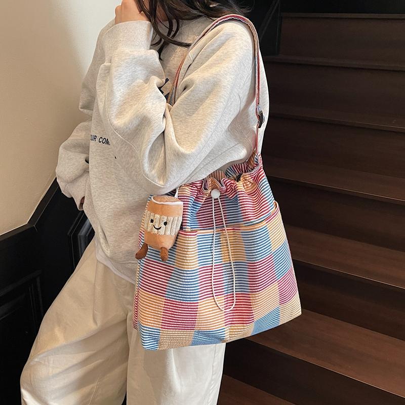 Striped Plaid Bucket Bag Women's Shoulder Bag Color Block Tote Bag