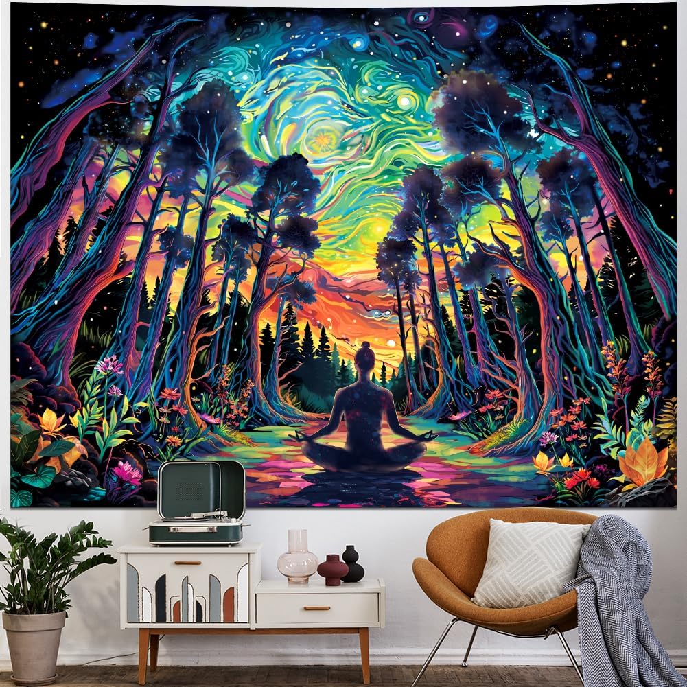 Heopapin Blacklight Psychedelic Forest Meditation Tapestry UV Reactive Cosmic Galaxy Starry Sky Wall Art Tapestry Trippy Yoga Spiritual Chakra Wall