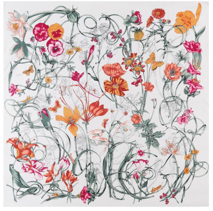 New Arrival Brand Shawl 100% Twill Silk Scarf Hyacinth Floral 130cm Square Scarves Print Kerchief Bandana Woman Headband Hijab