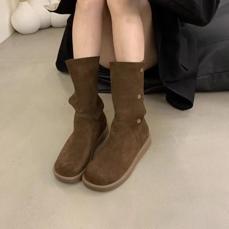 Flats Women Mid Calf Boots Winter Suede Fashion Leisure Suede Shoes Woman 2025 Trend New Brand Designer Walking Cozy Casual Snow