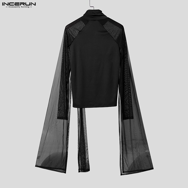 INCERUN Men Turtleneck Long Flare Sleeve Mesh Sheer Transparent Fitted Tops Party Clubwear T-shirts