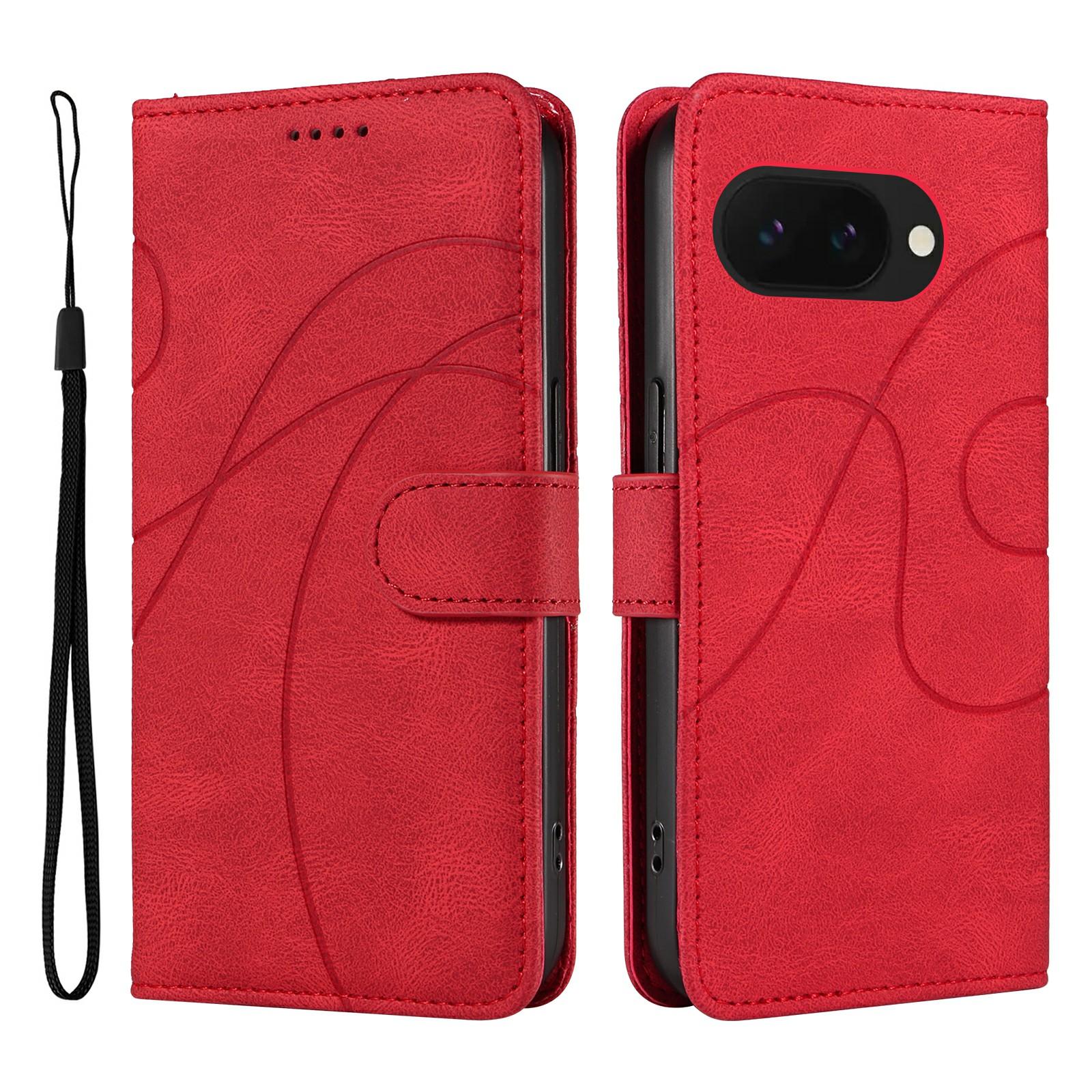 

For Google Pixel 9a Case Stand Wallet Leather Phone Cover Curved Line Wrist Strap Red