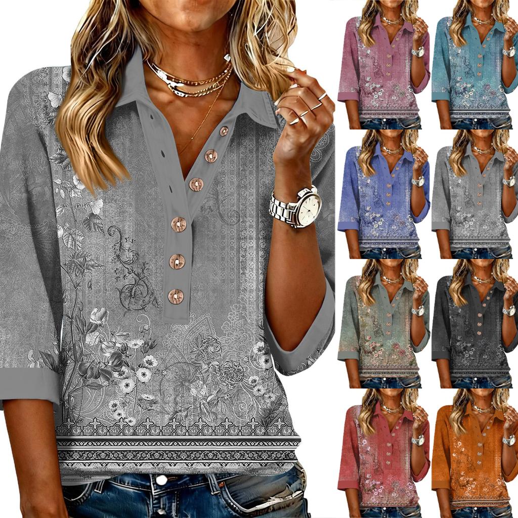 Damen modisches und lässiges Sommer V-Ausschnitt Patchwork Dreiviertelarm Retro Oberteil