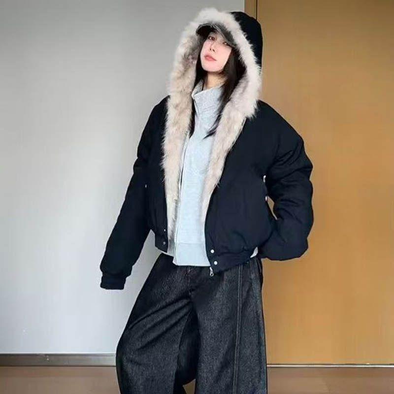 Winter Elegant Liner Fur Loose Coat Women Y2k Fur Collar Hood Thick Fashion Parkas Casual Outerwear Cotton Padded Jackets