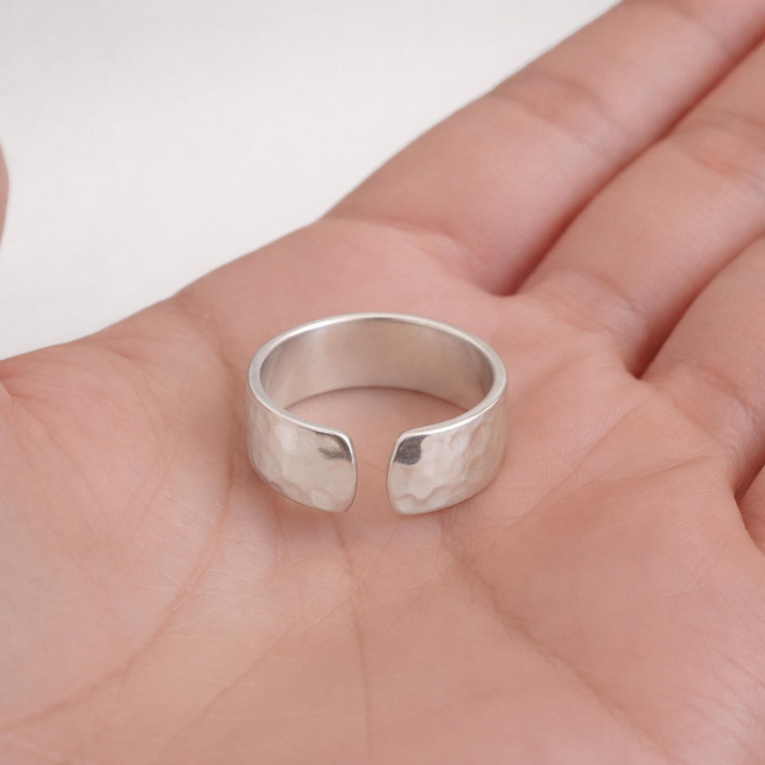 Открытое кольцо-манжета из стерлингового серебра 925 пробы – Широкое минималистичное регулируемое кольцо, Кованое акцентное кольцо 4 серебряный