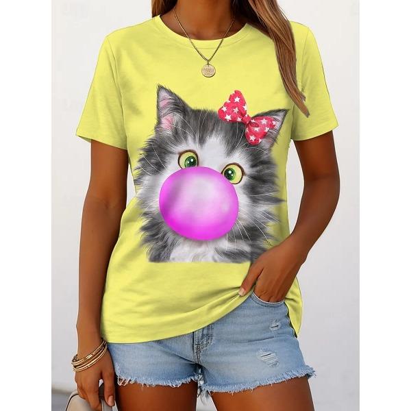 Summer Round Neck Cute Cat Pattern 3D Print Top Fashionable Casual Short Sleeved Women's T-shirts