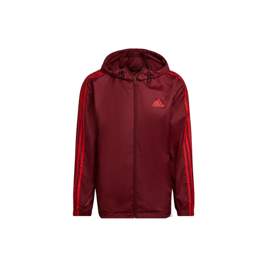 Adidas Striped Logo Print Sports Casual Hooded Jacket Men Outerwear Burgundy HE4319