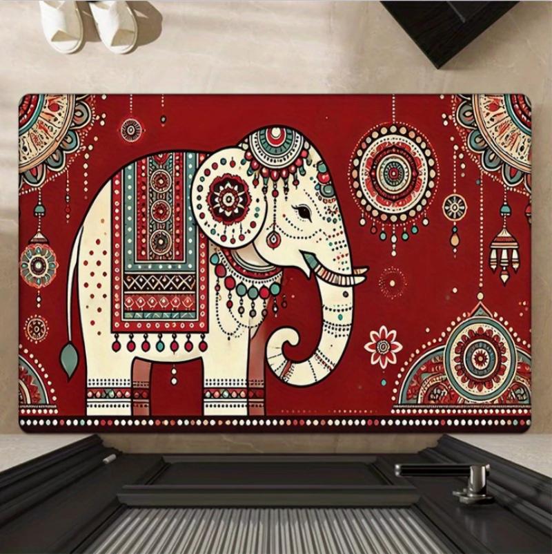 Boho Chic Elephant Print Floor Mat Distressed Look Door Mat for Home Entrance Indoor Hallway Garden, Patio, Balcony Carpet Decor