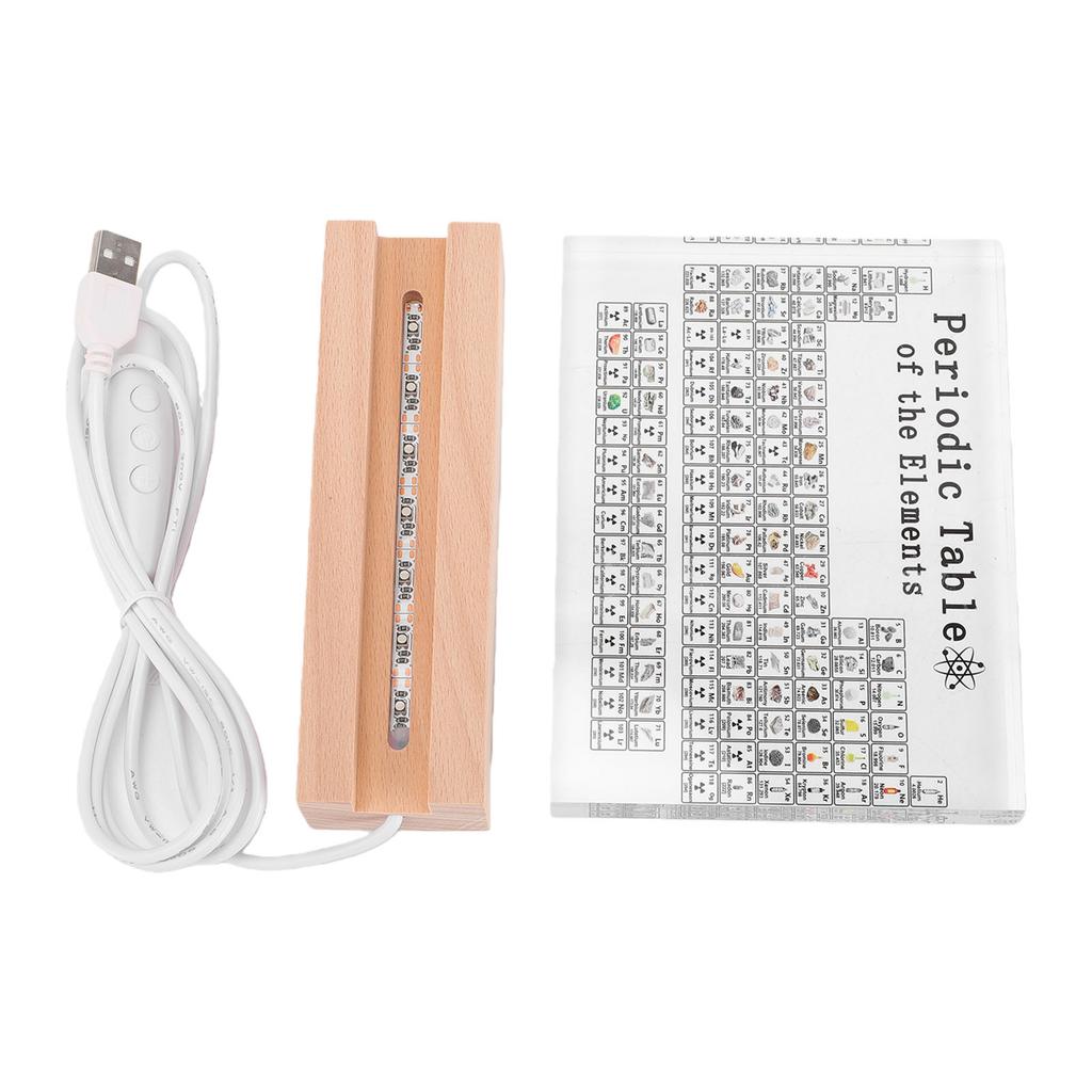 Periodic Table of Elements Clear Acrylic Plate with Wooden Base Colorful Light Chemistry Elements Decor for Students