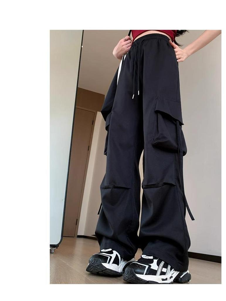 Petite High Waist Pink Parachute Cargo Pants for Women - Wide Leg Summer Sport Pants (145cm)