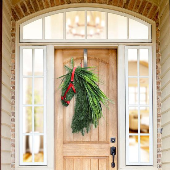 Horse Head Wreath Rustic Farmhouse Equestrian Front Door Decor Handmade Artificial Pine Branches Wreath with Red Ribbon for Wall Window Porch Decor