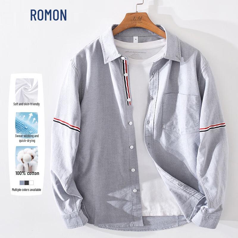 ROMON Men s Japanese Style Simple Oxford Long Sleeve Shirt L