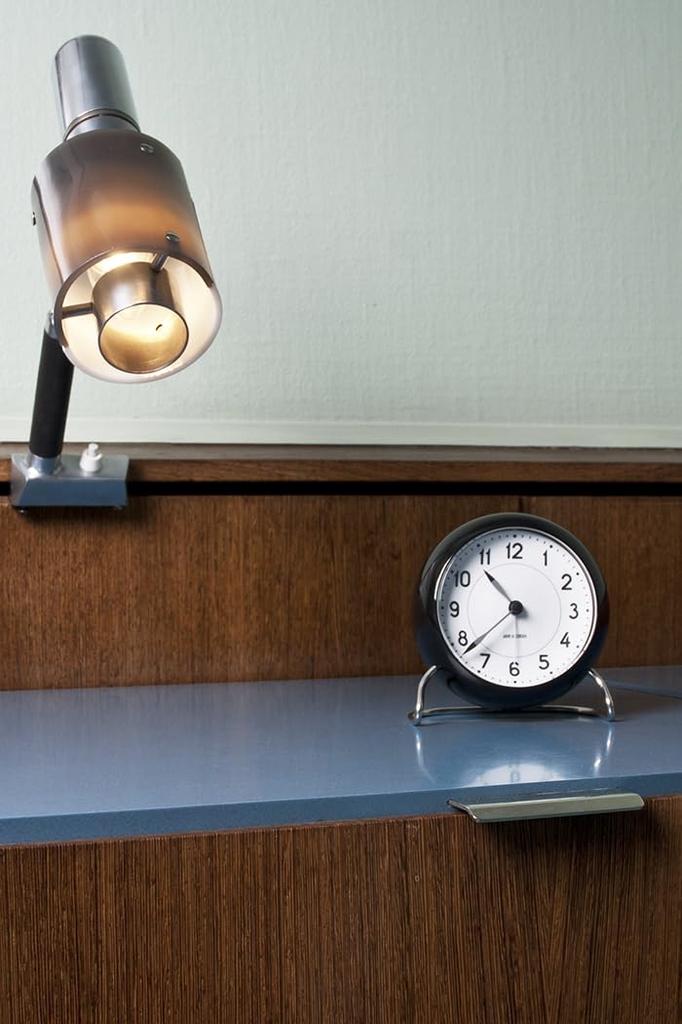 ARNE JACOBSEN Table Clock Alarm Clock 11cm Scandinavian Design Retro Alarm Sound STATION 43672 Black (Silent Design)