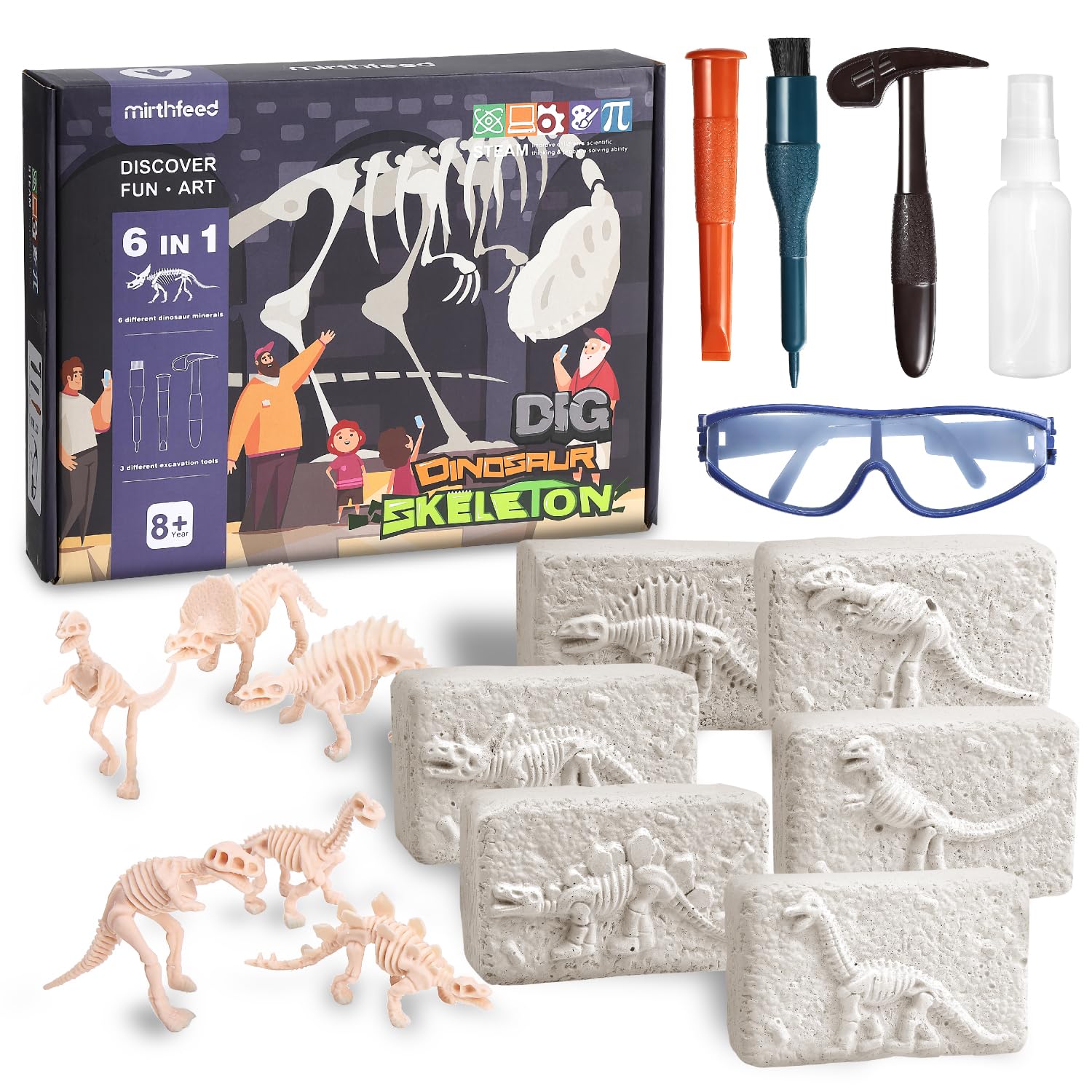 Looren Easy Dinosaur Fossil Excavation Kit for Elementary School Indoor Educational Includes 6 Fossil and Excavation Glasses Students, Play, Toy,