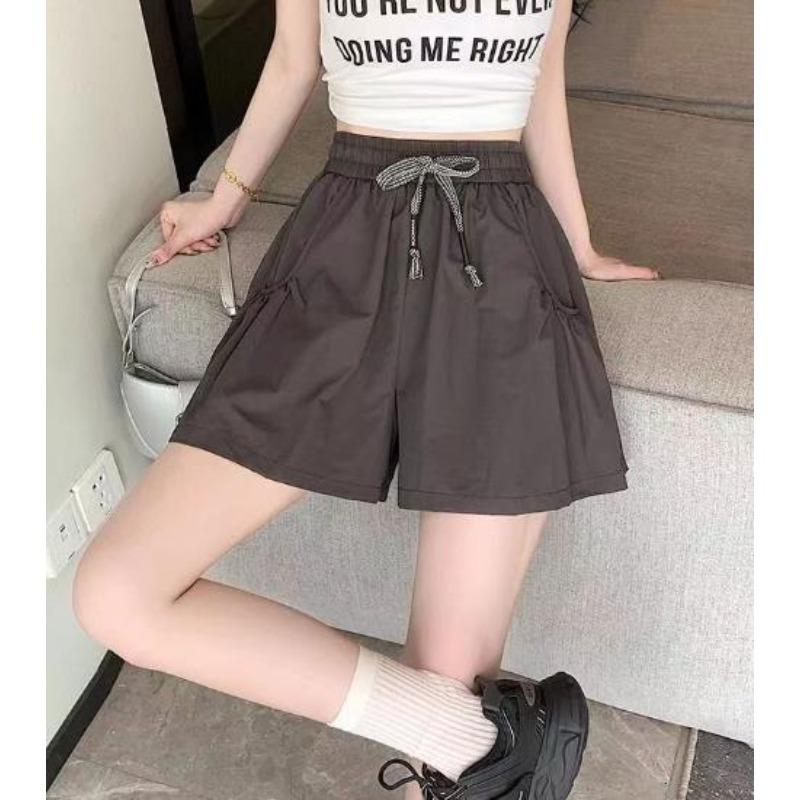Women's Summer Thin Skirt Yoga Pants Ice Silk Wide Leg Shorts Solid Color Pocket Lace Up Short Pants