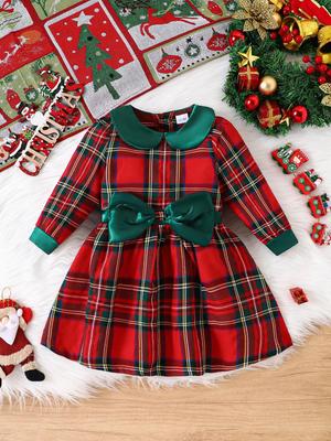 2025 Weihnachten Karomuster Peter Pan Kragen Langarmkleid mit Schleife für Kinder