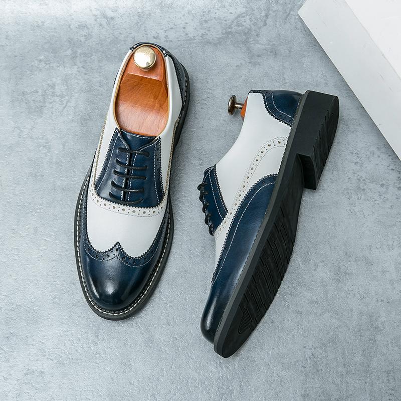 British Men's Trendy Shoes Handmade Sole Brogue Shoes Fashionable Blue Men's Leather Casual Shoes Versatile Free Delivery