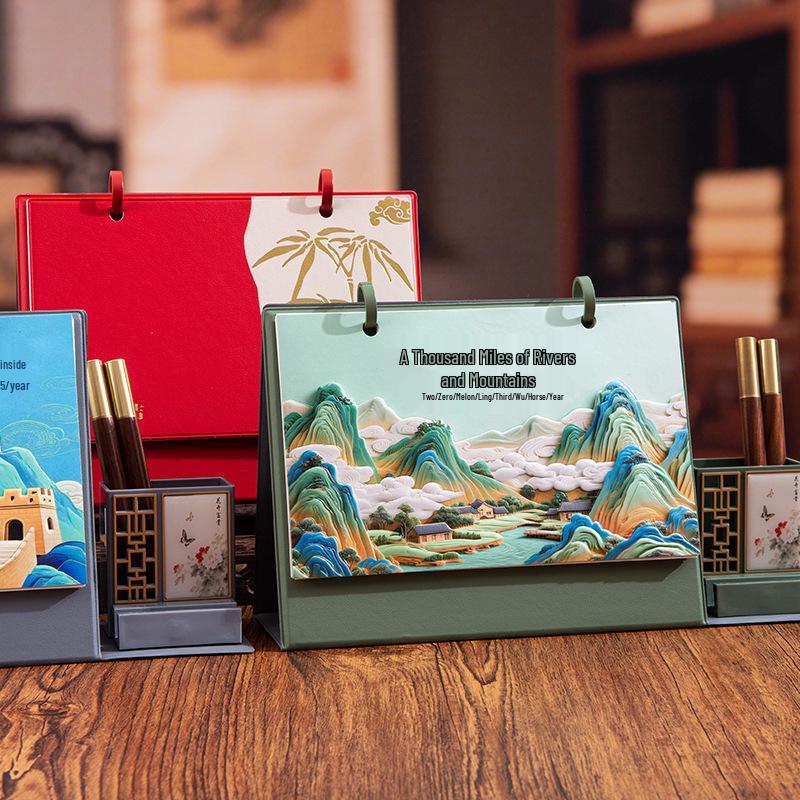 2026 Jahr des Pferdes Leder Schreibtischkalender mit individuellem 3D-Prägedesign - Geschenk-Box-Set für das Büro