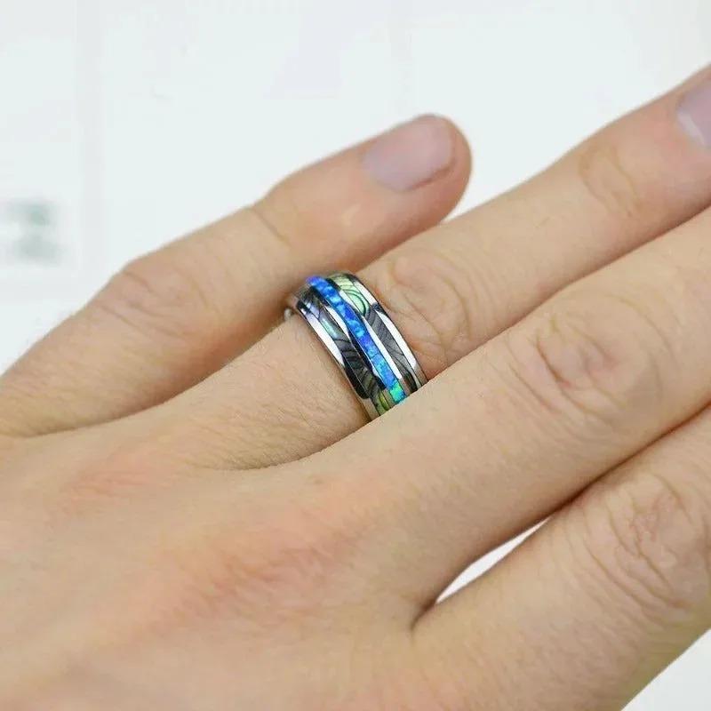 Módní 8mm měděné barvy Wolframové svatební pánské prsteny z nerezové oceli s intarzií z lastury Abalone a modrého opálu Pánské svatební šperky