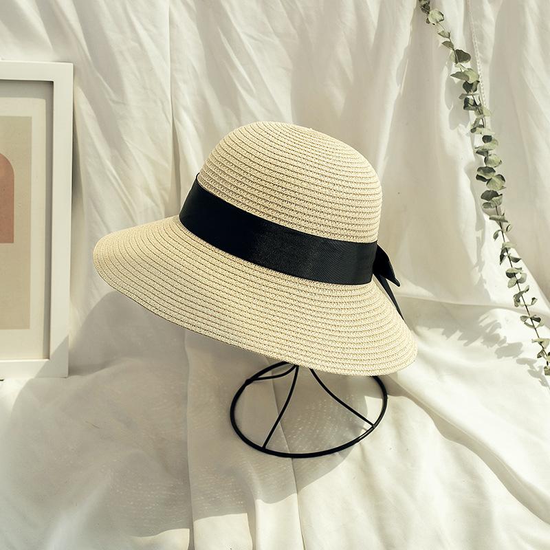Women's Boho Bowknot Straw Hat, Simple Solid Color Wide Brim Sun Hat for Outdoor Travel and Beach, Elegant Summer Accessory for Daily Use