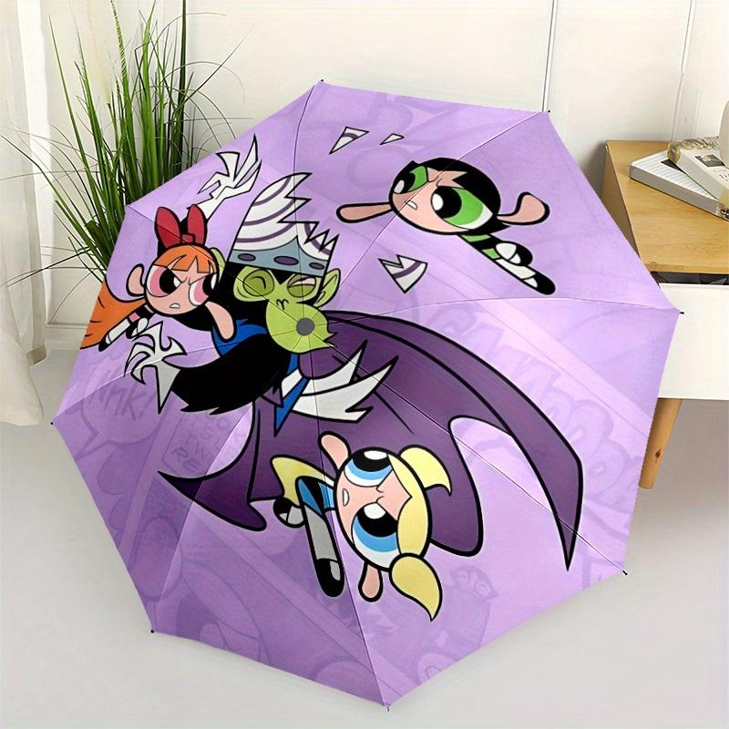 Powerpuff Girls Battle Automatic Cute Umbrella - Foldable with 8 Iron Ribs, Portable for Outdoor, Gift, Outdoor Umbrell, Playful Accessory,