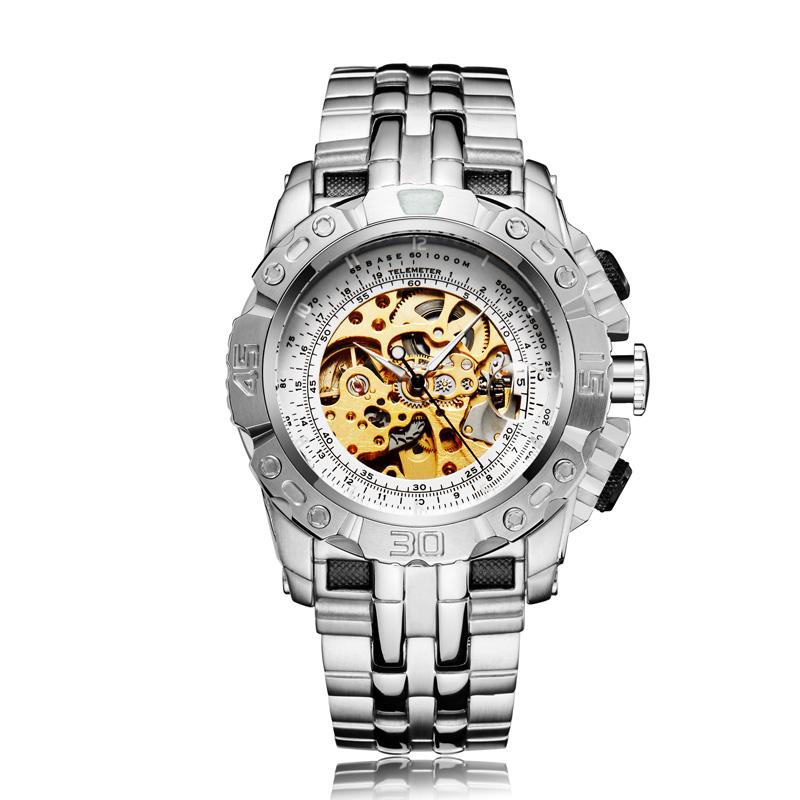 Luxury Silver Gold Automatic Mechanical Watch For Men Full Steel Skeleton Wristwatch Clock Over-sized Big Dial Relogio Masculino