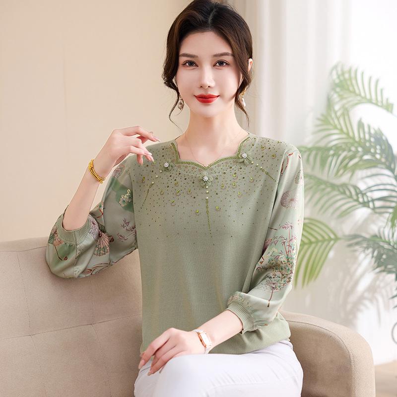 

Spring/Summer Ice Silk Seven-Sleeve Chinese-Style T-Shirt with Stand Collar & Gauze Sleeves for Middle-Aged & Elderly Women 2XL зелений