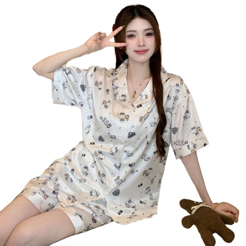 Sweet Girl Ice Silk Pajamas Women'S Summer Short-Sleeved Shorts Loungewear Two-Piece Set