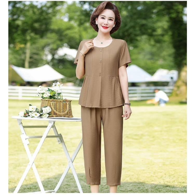 Summer Loose Fit Cotton Linen Two Piece Set for Middle Aged Women Slimming Casual Outfit