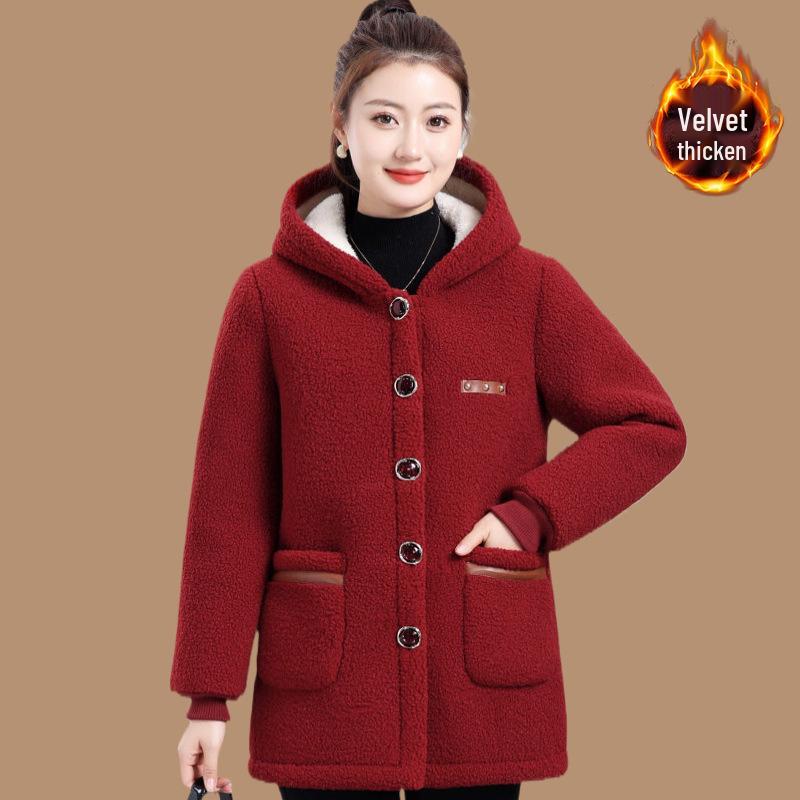 Mom's Winter Wear Fleece-Lined Lambswool Hooded Coat for Middle-Aged & Elderly Women