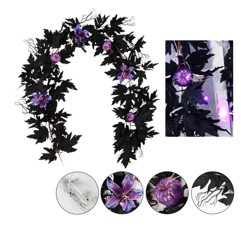 Artificial Maple Leaf Pumpkin Vine Garland with Light String 170-180cm Halloween Decorative Branches for Indoor Outdoor Use