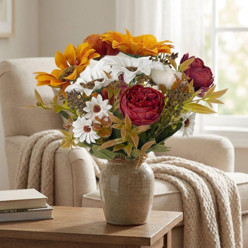 Rustic Fall Autumn Sunflower Peony Bouquet UV Resistant Sunflower Floral Decor  Living Room Decor