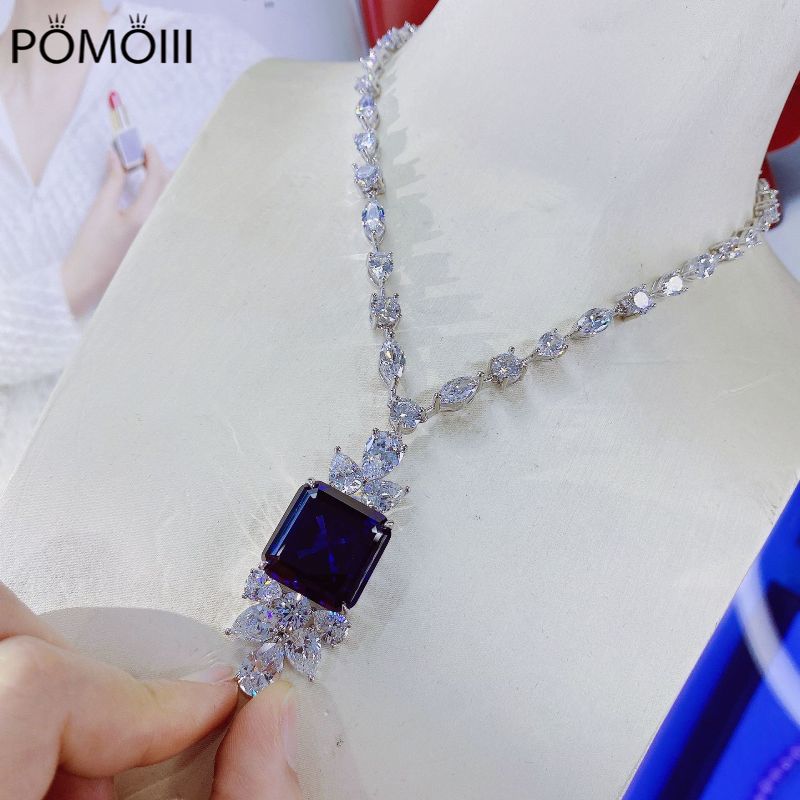 Luxury S925 Silver Pendants Necklaces For Women Noble Ladies Full Diamonds 40cm Necklaces For Female Wedding Party Squar Pendant