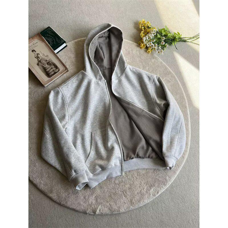 Men’s Reversible Plaid Hooded Zip-Up Sweatshirt – Casual, High-End, Loose Fit for Spring & Autumn