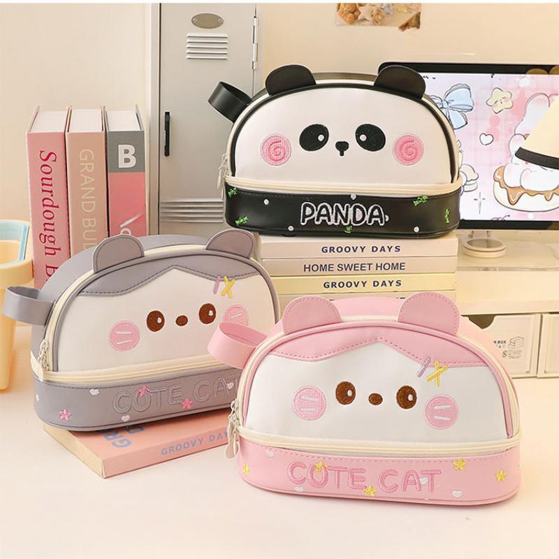 Large Capacity Waterproof Pencil Bag Cute Cartoon Panda Kitten Pencil Case Kawaii Animal Stationery Storage Bag Student Supplies