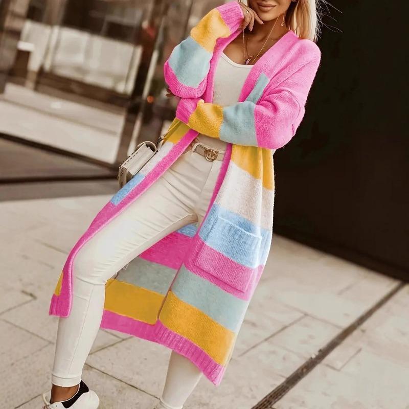 Contrast Color Rainbow Stripes 2025 Autumn and Winter Women's Sweater Jacket Casual Loose Long Knitted Cardigan