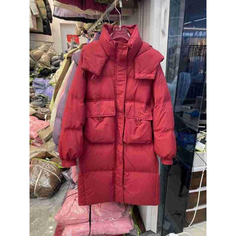 Down jacket women's medium and long knee winter new waist fashion loose thickened hooded white duck down