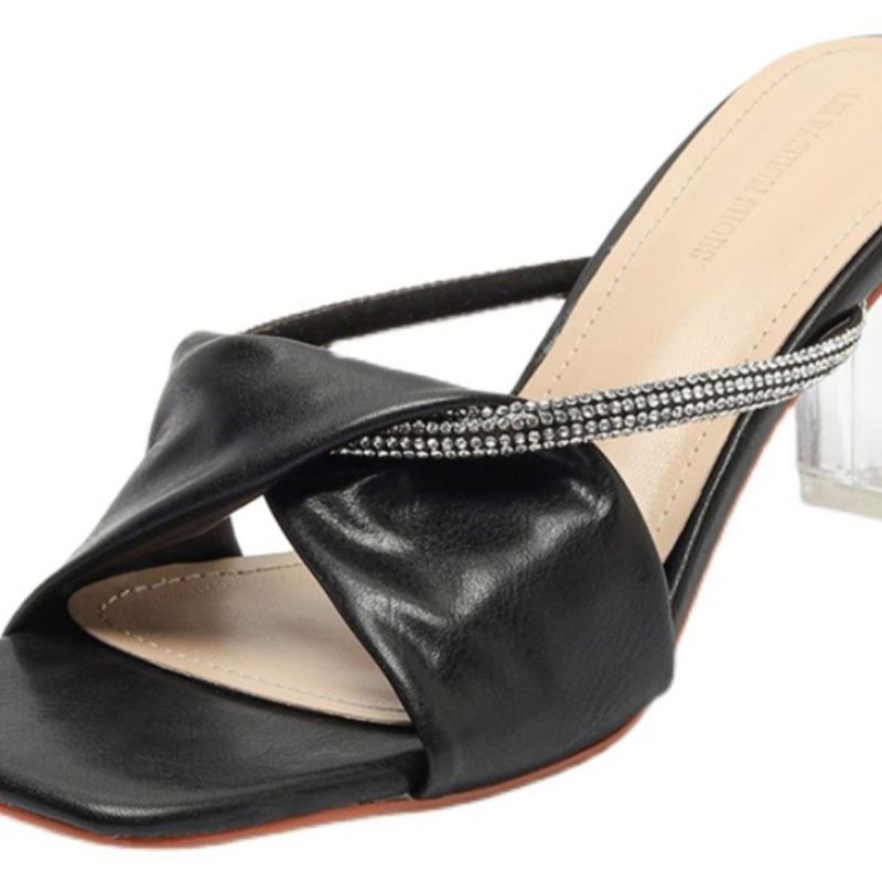 Fashion French Style Fashion Women's Outdoor Wear Hot Selling 2025 Summer New Versatile Open Toe Thick High-heeled Crystal Slippers