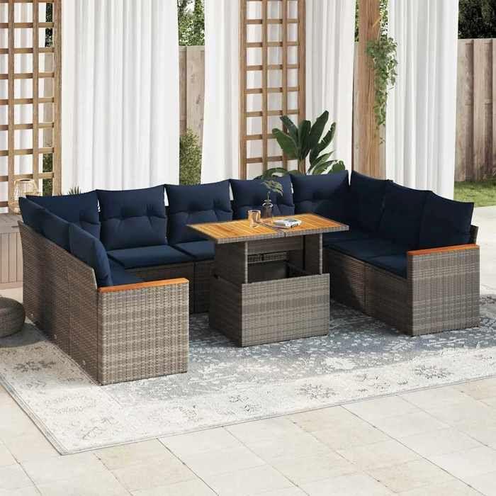 VidaXL Salon de jardin avec coussins 10 pcs gris résine tressée, ensemble de canapés d'extérieur, ensemble de canapé d'angle 3327533