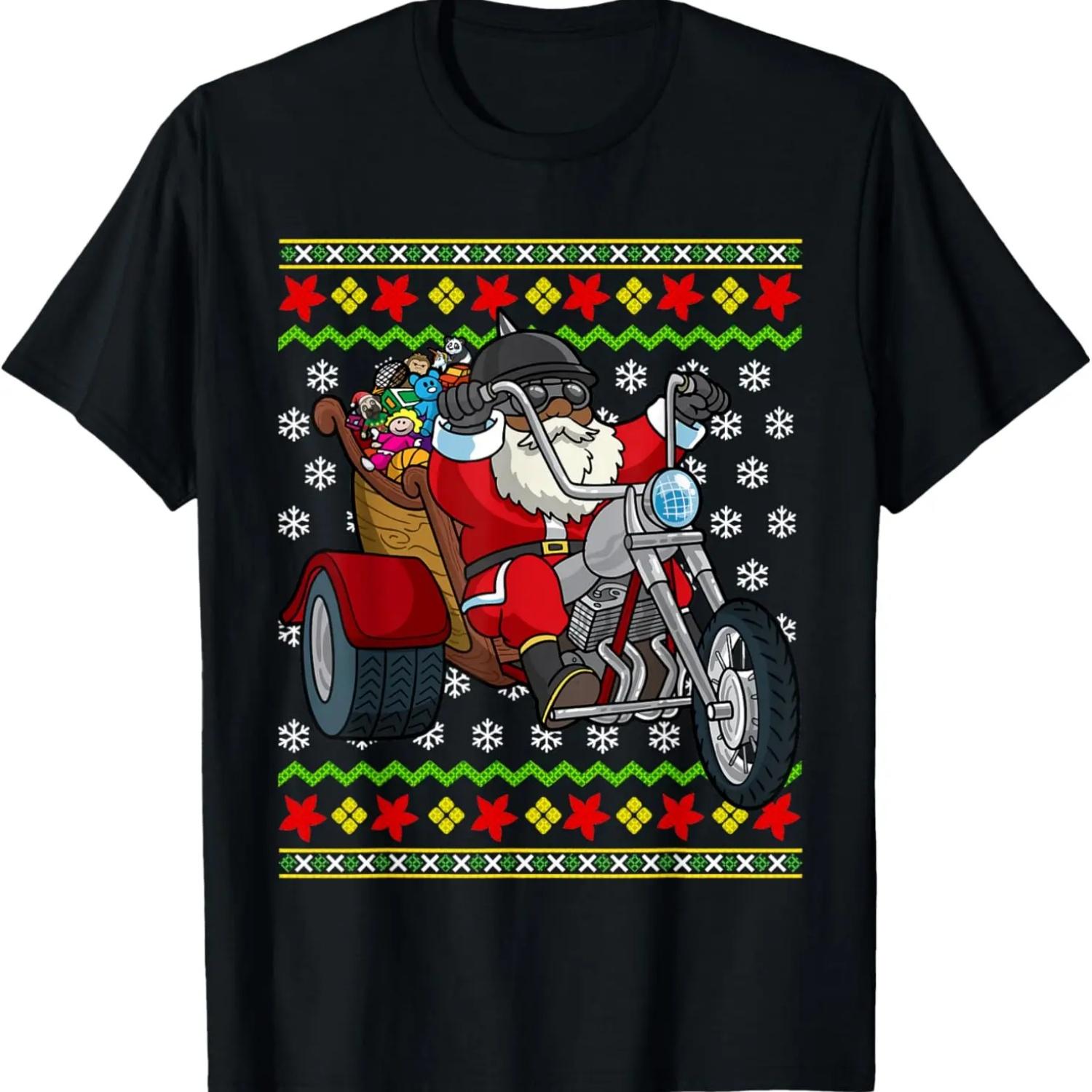 Black African American Santa Claus Biker Motorcycle T-Shirt S