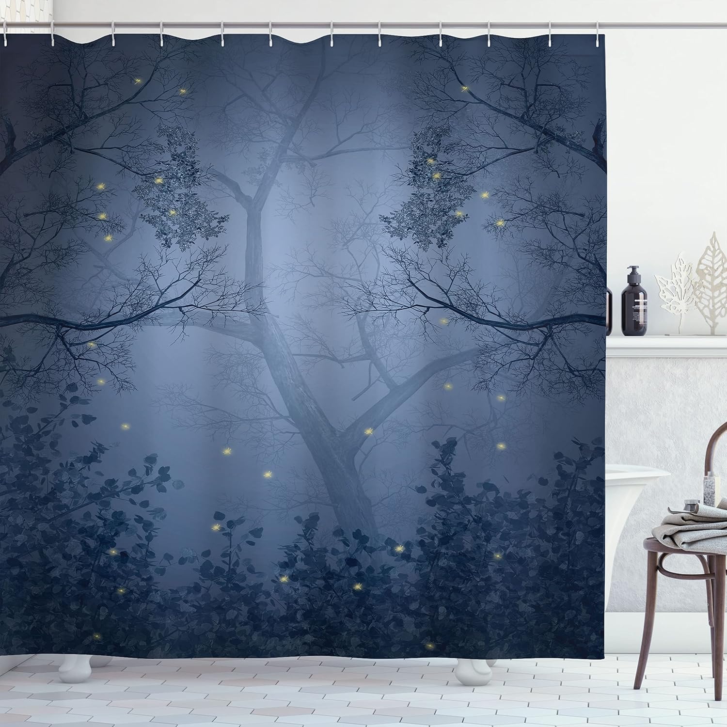 

Mystic Forest Shower Curtain Foggy Dark Gloomy Horror Misty Woodland Dragonflies On Branches Aqua Bathroom Decor Hooks W60H190(CM)-1 Pcs