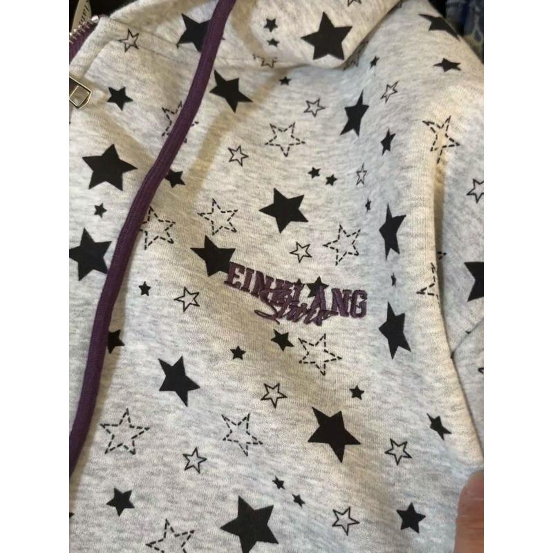American Retro Star Printed Gray Hooded Sweatshirt for Women Autumn and Winter New Loose Casual Cardigan Zipper Jacket Trendy