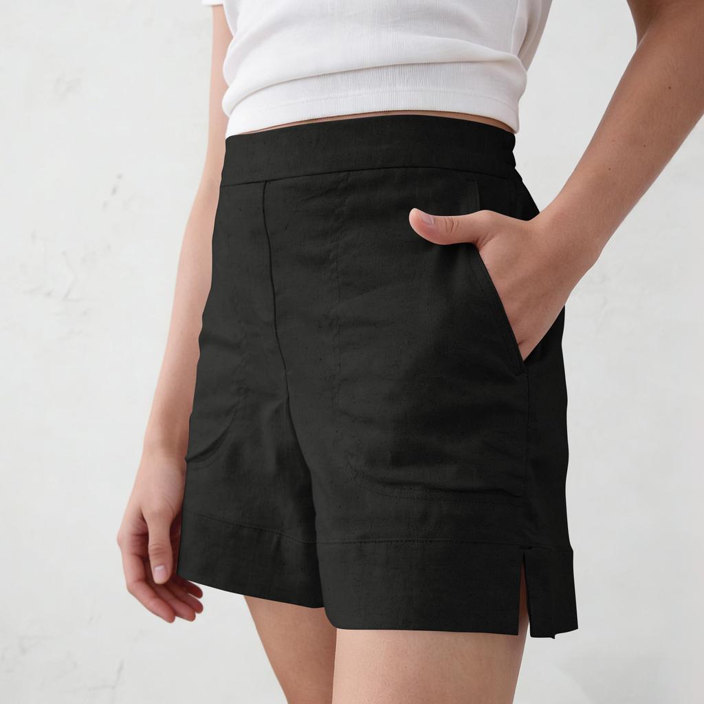 Women's Cotton And Linen Shorts, With Pockets, Soft Button Closure, Zipper, Slim Fit.